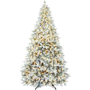 9.5ft Snow Flocked Artificial Christmas Tree Fake Hinged Pine Tree with 450 Warm White Lights, 1800 Branch Tips, Foldable Stand for Christmas Home Office Party Decoration