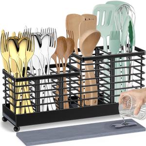 TomCare Utensil Holder with Water Absorbent Diatomite Stone 3 Removable Dividers Large Silverware Organizer Sturdy Cooking Utensils Organizer Caddy Metal kitchen Organizers and Storage for Counter