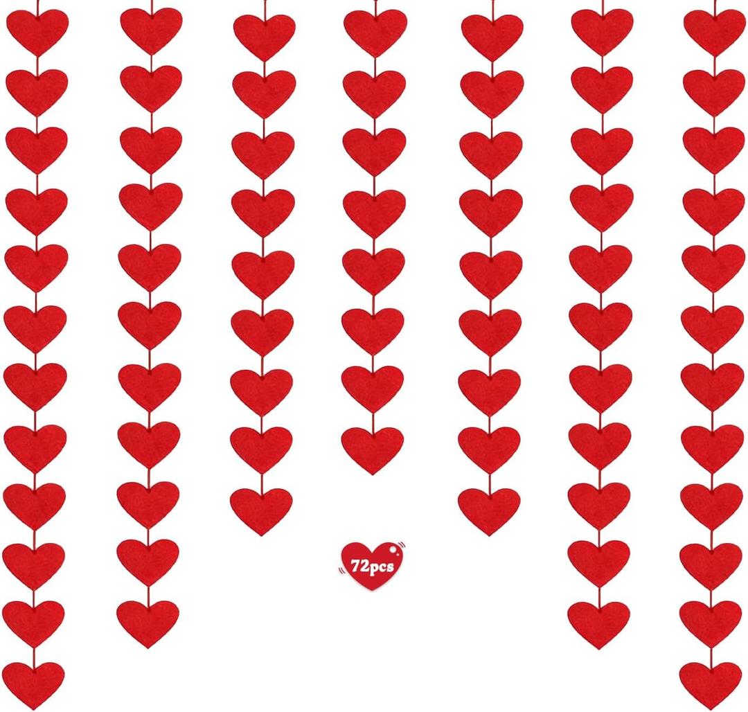 72 Felt Heart Garland, Pre-Strung Red Heart Decor for Valentines Day Decorations, Wedding, Anniversary, Birthday, Backdrop for Office, Classroom, Vaday Party Props
