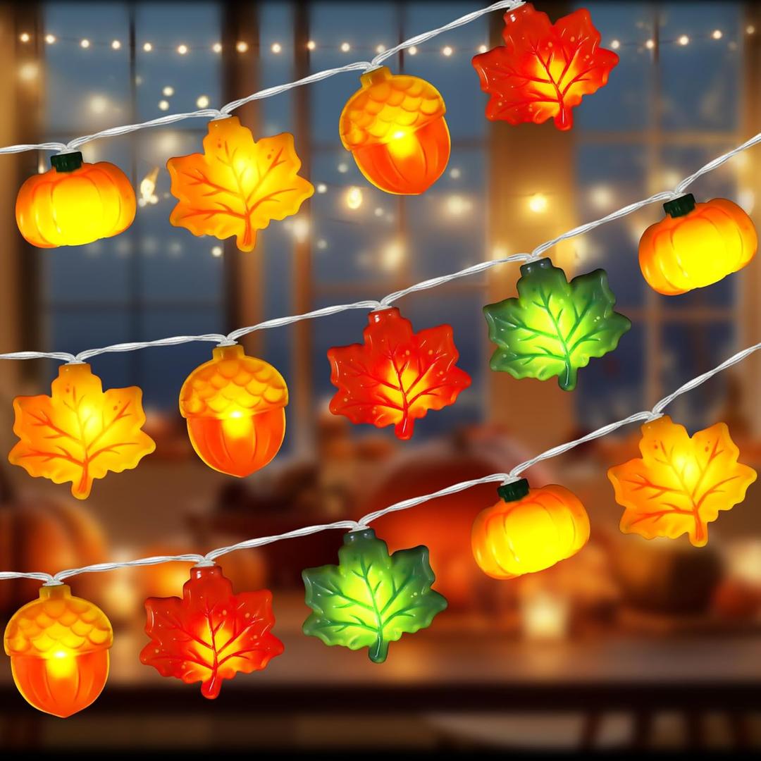 [Timer] Fall Lights 10Ft 3D Acorn Pumpkin Maple Leaf String Lights, LED Orange Thanksgiving Lights Fall Decorations for Home Indoor Thanksgiving Fall Table Decor