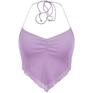 Floerns Women's Ruched Sleeveless Halter Neck Tie Back Hanky Hem Crop Cami Top Size M