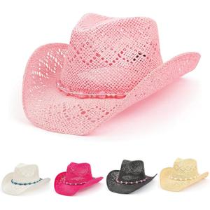 Straw Cowboy Hat for Women with Beaded Trim and Shapeable Brim (One Size, Light Pink) Straw Cowboy Hat for Women with Beaded Trim and Shapeable Brim (One Size, Light Pink)