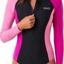 Daci Women Long Sleeve Rash Guard One Piece Zipper Swimsuit Surfing Bathing Suit UPF 50 (Black, XXXL)