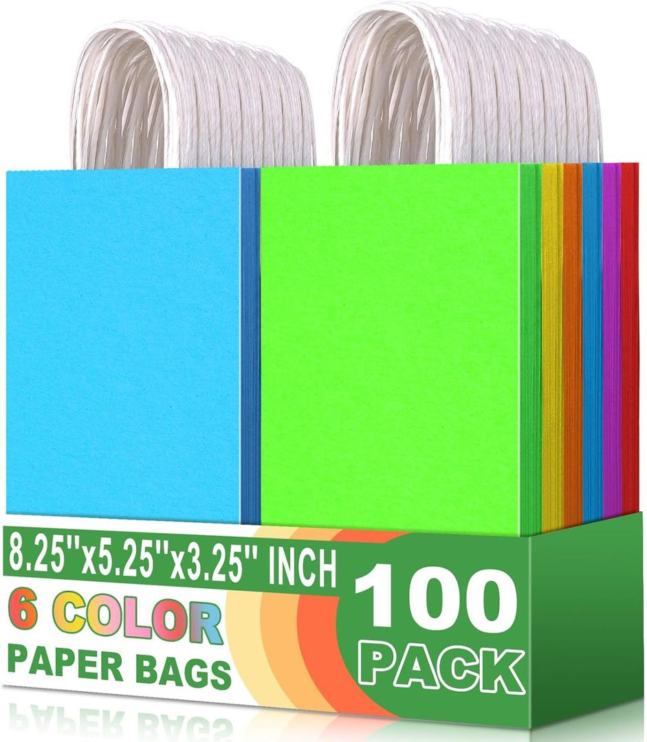 Small Colorful Gift Bags with Handle Pastel Gift Bags 100 Pack, 5.25x3.25x8.25 Inch Paper Goodie Bags for Wedding, Christmas, Birthday Party Favors, Grocery, Craft, Retail Shopping, Goody, and Business