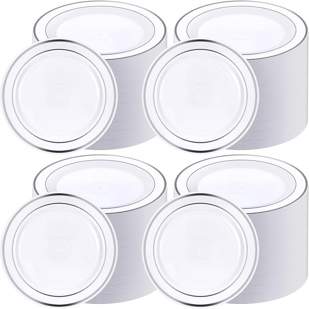 Sieral 200 Pieces Disposable Plates Plastic Party Plates with Rim Hard Plastic Appetizer Salad Dessert 7.5 Inch Elegant Heavy Duty Tableware for Dinner Wedding Party Supplies(Silver Rim)