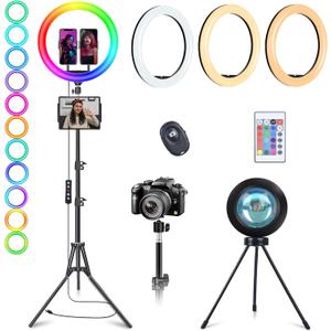 13" RGB Selfie Ring Light with Stand 76" Tall & 2 Phone Holders, Tablet Holder, Sunset Lamp & 51 Color Modes, Desk Tripod, 12 Dimming Levels Halo Light, LED Camera Ringlight for iPhone/TikTok/YouTube