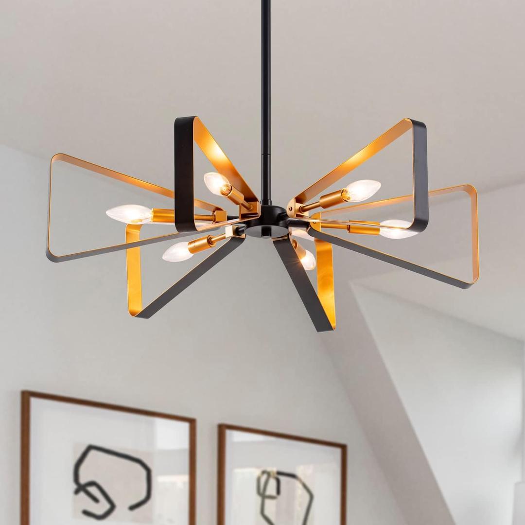 VILUXY Contemporary Hanging Chandelier Lighting Fixture Matt Black and Brass Finish Mid-Century Geometric Pendant Lighting for Dining Room, Kitchen, Living Room 6-Light (black and gold)