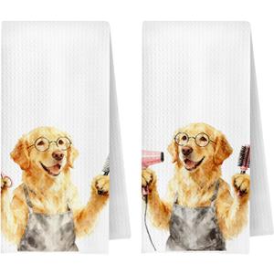 Funny Barber Golden Retriever Dog Kitchen Towels Decorative, Golden Retriever Gifts, Hairdresser Hairstylist Gifts Dish Hand Tea Towels for Bathroom Hair Salon, 16x24 Inch Set of 2