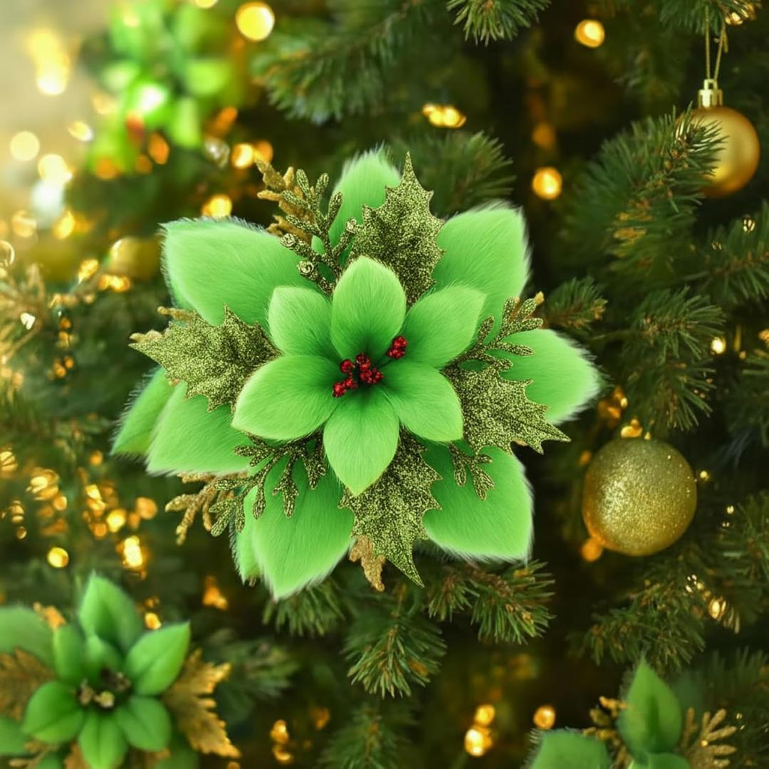 Zeyune 15 Pack Green Poinsettia Flowers Glitter Artificial Christmas Poinsettia Decor 5.5'' Plush Flowers Picks with Clips and Stems DIY for Xmas Tree Wreath Holiday Home Party Decor(Green)