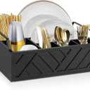 Paper Plate Dispenser and Holder for Kitchen Counter, Wood Rustic Silverware Utensil Caddy, Cutlery Flatware Organizer Box for Cups Spoons Forks Napkins, Kitchen Accessories (Black)