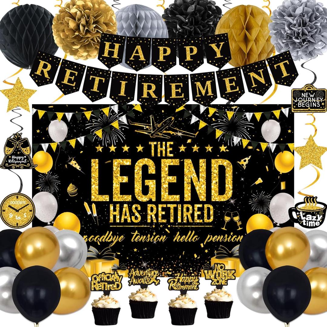 Retirement Party Decorations Men Women, Black Gold Happy Retirement Decorations, Happy RetIrement Banner, Retired Backdrop, Balloons, Pompoms, Hanging Swirls, Retired Cards, Cake Toppers Set 54pcs