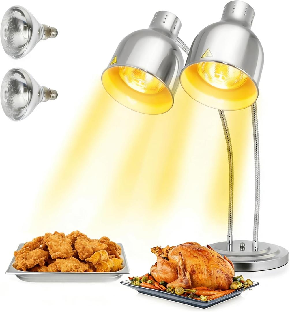 WICHEMI Food Heat Lamp, 2-Head Adjustable Heat Lamp for Food Commercial Food Warmer Lamp Stainless Steel Portable Electric Catering Heat Lamp for Parties Buffet Restaurant Kitchen, 500W Silver