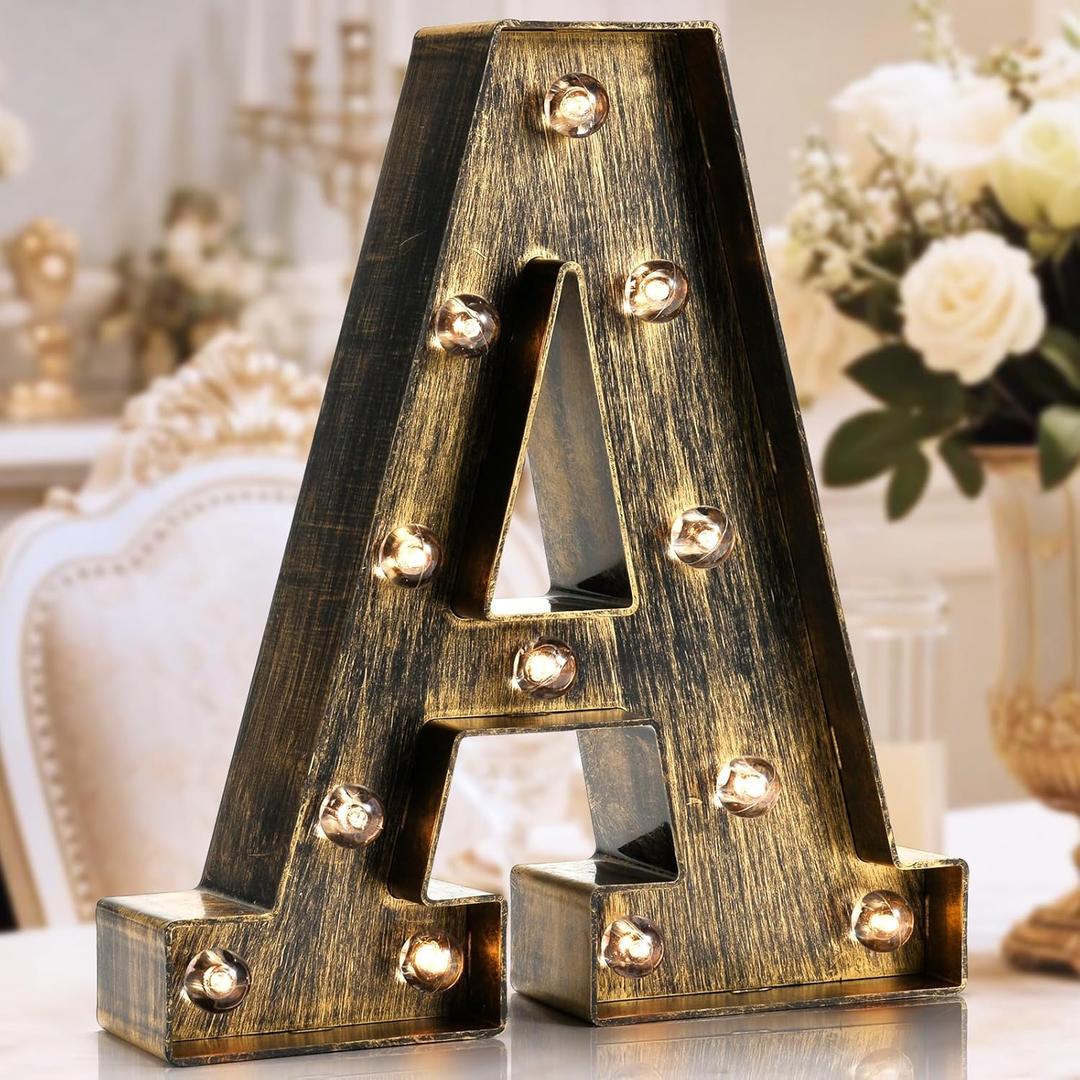 OYCBUZO Golden Black Led Marquee Letter - Industrial, Vintage Style Light Up Alphabet Letter Sign for Cafe Wedding Birthday Party Christmas Lamp Home Bar Initials Decor - A