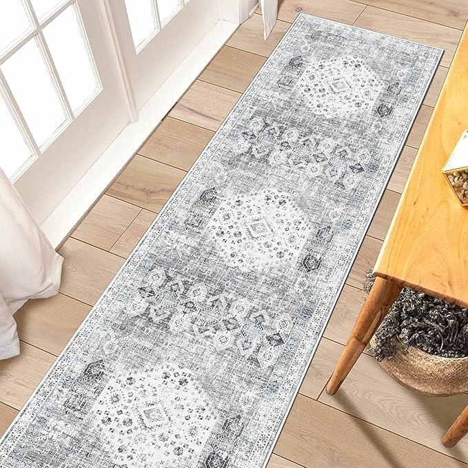RUUGME 2x7 Washable Runner Rug - Vintage Hallway Rugs Non Slip Stain Resistant Rugs for Kitchen Living Room Bedroom Laundry Room Mat Distressed Rug Carpet Runner for Bathroom 2'x7' Grey