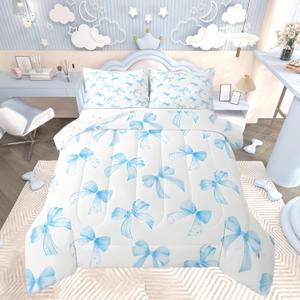 Feelyou Sky Blue Bow Bedding Set for Kids Boys Girls King Size Cute Dreamy Princess Style Comforter Set Ultra Soft Bow Pattern Comforter Sky Blue Bowknot Duvet Quilt Bedroom Decor Bow Quilt