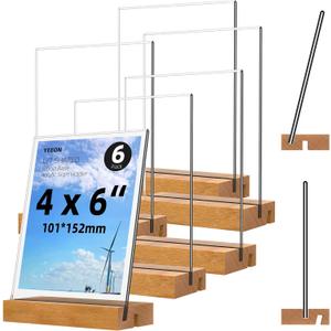 4x6 Inch Acrylic Sign Holder with Wooden Base, Desktop Display Stand (4x6 6Pack)