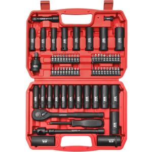 70pcs 3/8" Drive Impact Socket Set,Standard SAE(5/16 to 3/4-Inch) Metric Size(8-22mm), CR-V Steel Deep Socket Kit, Adapters, Ratchet Handle, Screwdriver Bit Set, Sliding T Bar, 6 Point