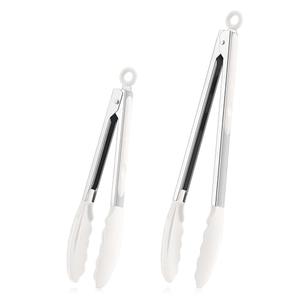 TeamFar Kitchen Tongs, 9" and 12" Stainless Steel Cooking Tongs with Silicone Tips for Cooking Grilling Serving & BBQ, Heat Resistant Silicone Tongs, Locking Design & Dishwasher Safe, Set of 2 & White