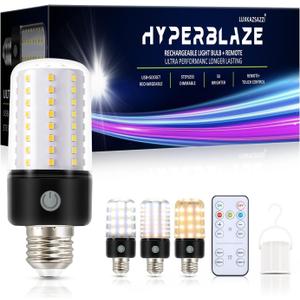 HYPERBLAZE Battery Operated Light Bulbs for Lamps, Wide Bright & 3 Colors & Dimmable Rechargeable Light Bulbs with Remote for Sconces, USB+ E26 Lamp Socket Charging for Non-Hardwired Fixture (1PK, 3000k-4500k-6500k)