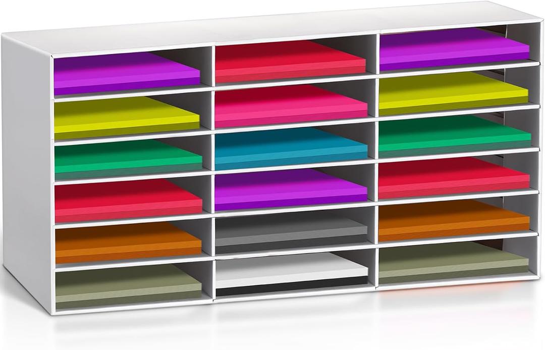 Fuutreo Classroom Paper Storage Organizer Construction Paper Storage Desktop Mailbox File Sorter Sturdy Cardboard Literature Organizer for Home Office School(White,27.6 x 14.2 x 12.4 Inches)