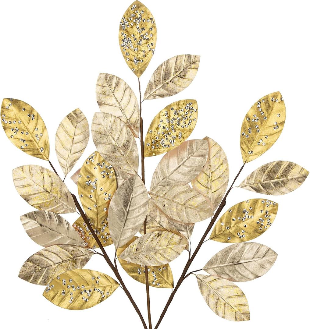 Hollyone 23.6 Christmas Tree Picks and Sprays 3Pcs Champagne Artificial Magnolia Stems Magnolia Leaves Branches Fake Gold Leaf Floral for Vase DIY Xmas Tree Garland Wreath Centerpieces Wedding Decor