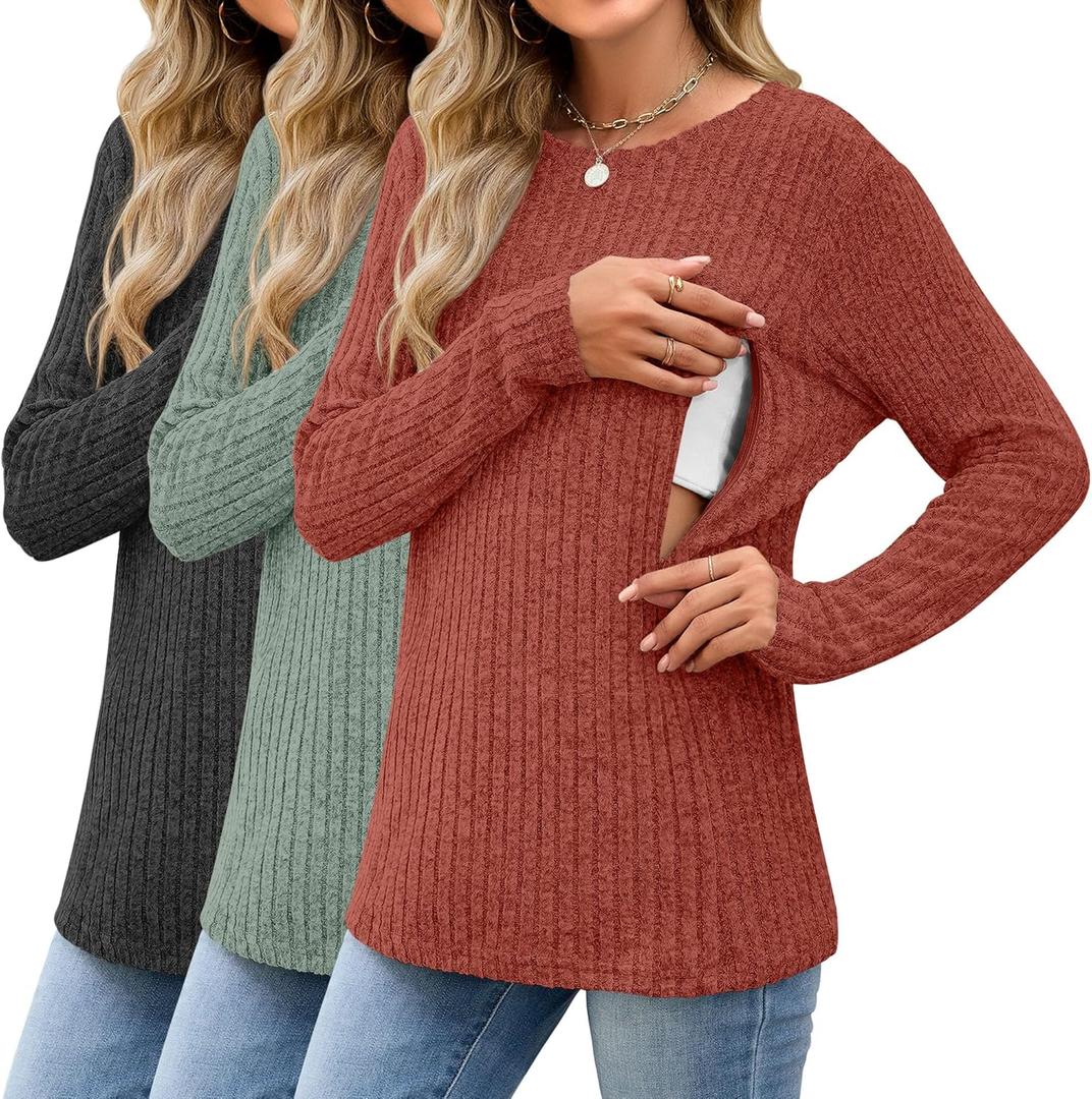 Sweetyweee 3 Pack Women's Nursing Tops Breastfeeding Shirts Long Sleeve Maternity Ribbed Sweaters with Hidden Zipper (Medium, Black, Green, Brick Red)