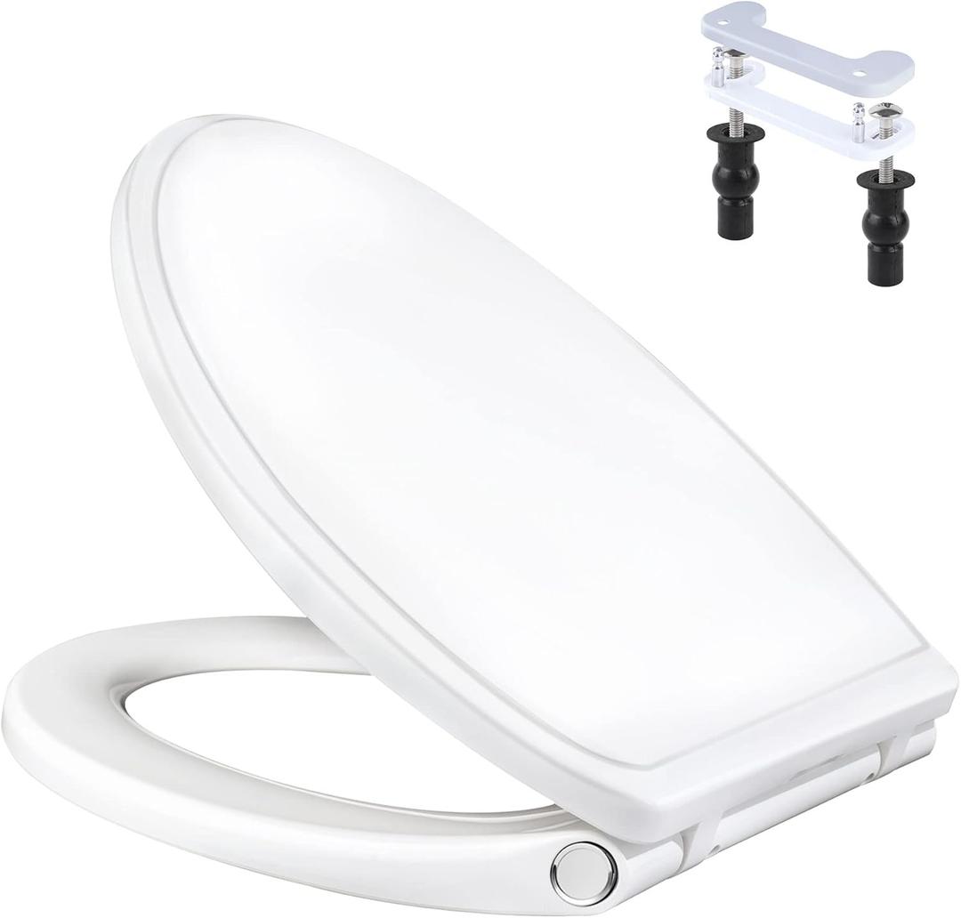 Universal Toilet Seat Elongated with Soft Close Cover, Oval Toilet Seat Replacement with Toilet Bolts Hinge and Bumpers, Compatible with Kohler, American Standard, TOTO, One-click Release, White