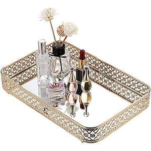 ELLDOO Perfume & Makeup Vanity Tray - Hollow-Carved Jewelry Storage, Glass & Metal Trinket Organizer for Dresser & Bathroom Countertop, Gold, Medium Size