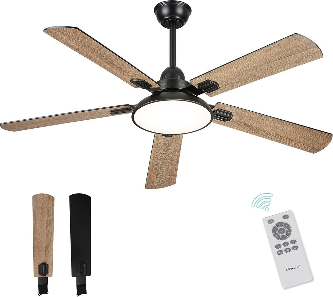 Melkelen Ceiling Fan with Lights and Remote, 52 Inch Outdoor Ceiling Fan with Light, Modern Black Fan with Lights for Covered Patio Farmhouse Bedroom, MK06-BK