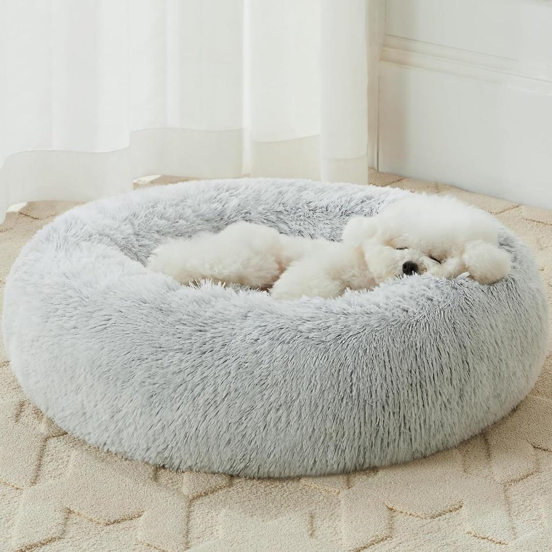 WNPETHOME Calming Dog Bed Cat Bed Donut, Faux Fur Pet Bed Self-Warming Donut Cuddler, Comfortable Round Plush Dog Beds (light grey)