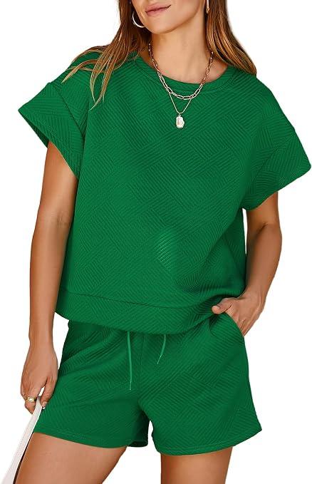 Dokotoo Women's 2 Piece Outfits Sweatsuit Casual Short Sleeve Pullover Tops and Drawstring Shorts Pants Lounge Sets Large