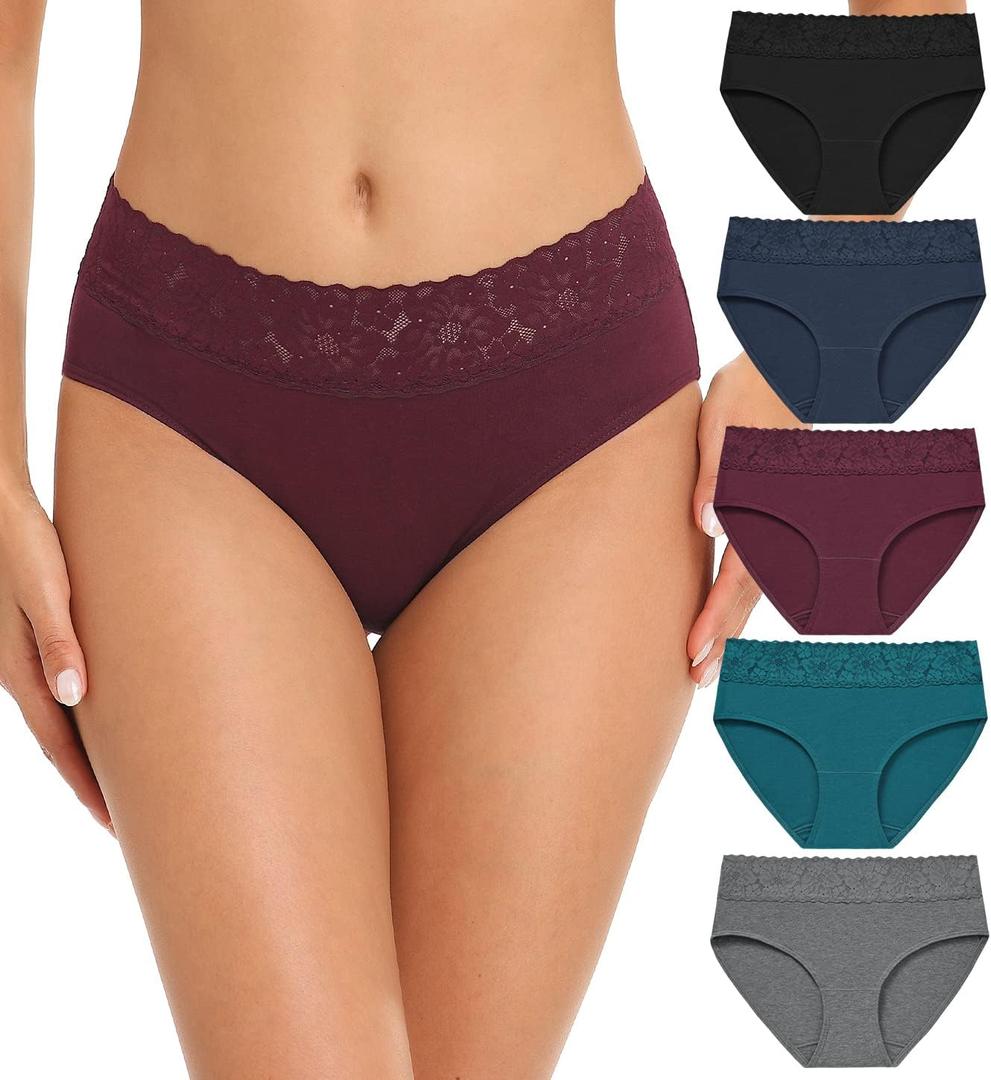 RHYFF Womens Underwear Cotton Bikini Panties Lace Soft Hipster Panty Ladies Stretch Full Briefs 5 Pack (Large)