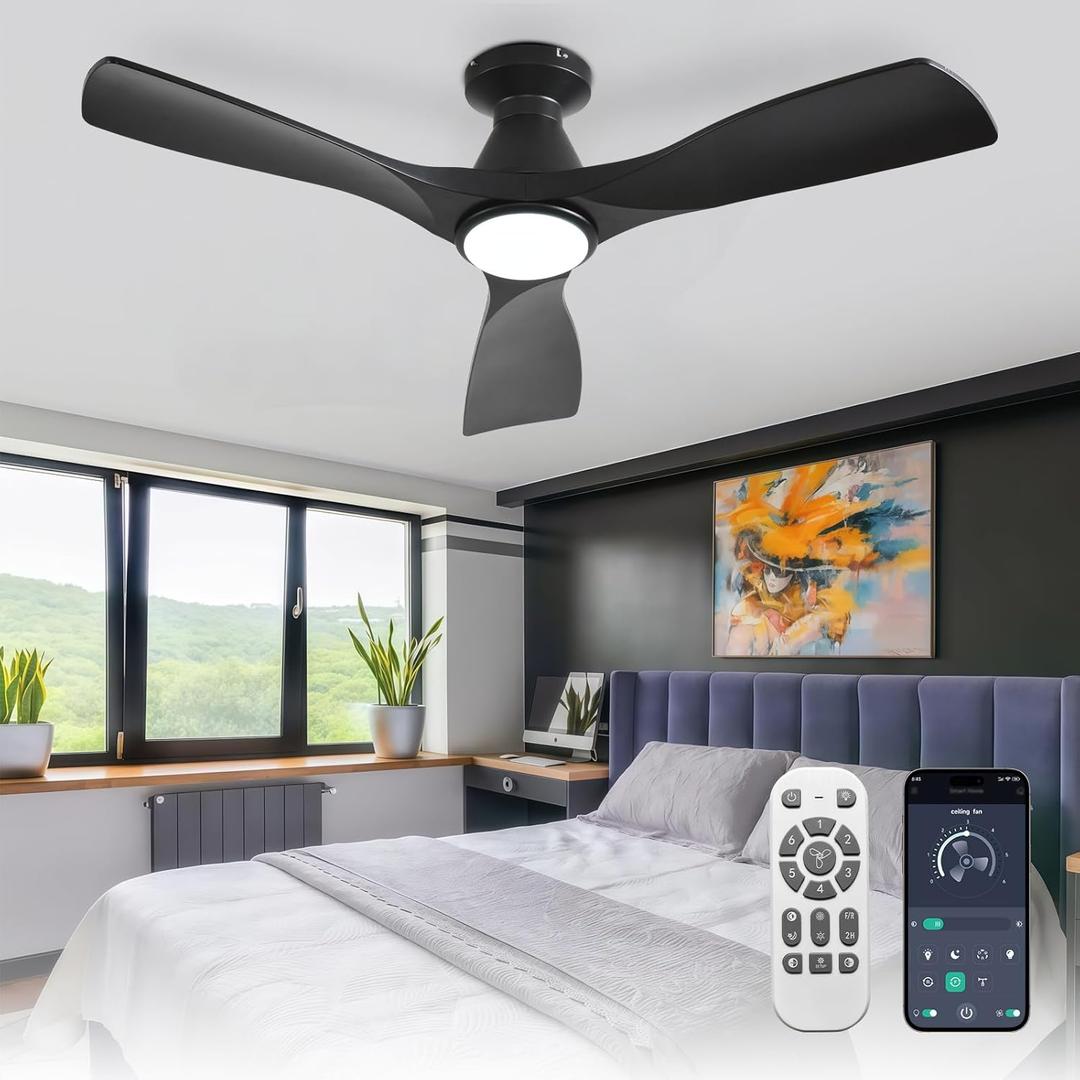 Depuley 42-Inch Ceiling Fans with Lights: Black 3 Blade Flush Mount Low Profile Ceiling Fan for Bedroom - Dimmable Indoor Outdoor Fan with Remote APP Control Ultra Quiet DC Motor Timer
