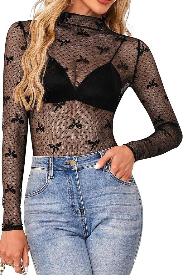 FEOYA Mesh Long Sleeve Tops for Women Floral See Through Lace Top Slim Fit Mock Neck Trendy Casual Lace Layering Shirt L