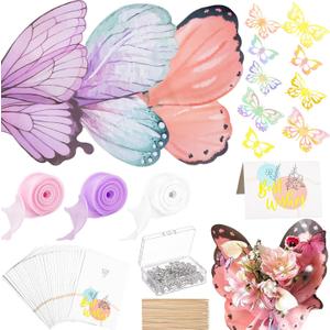 334 PCS Flower Bouquet Accessories, 120 Sheets Flower Bouquet Wrapping Paper, Waterproof Flower Wrapping Paper with Ribbons Flower Pins 3D Butterflies Bamboo Stick and Cards for DIY Craft Gift Package