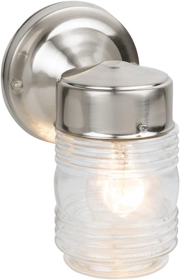 Design House 507806 Jelly Jar Classic 1-Light Indoor/Outdoor Wall Light with Clear Ribbed Glass for Entryway, Porch, Patio, Satin Nickel