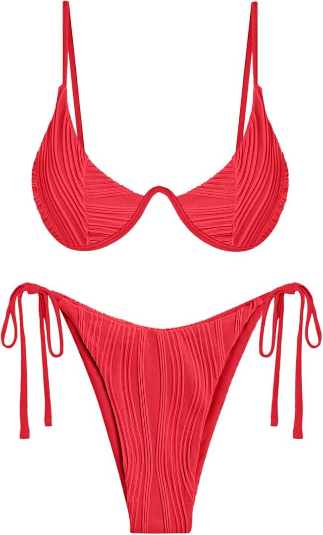 ZAFUL Women's Bikini Sets Ribbed Two Piece Swimsuits Underwire Adjustable Back Clasp Bathing Suit Side Tie Thong Swimwear (Red) S