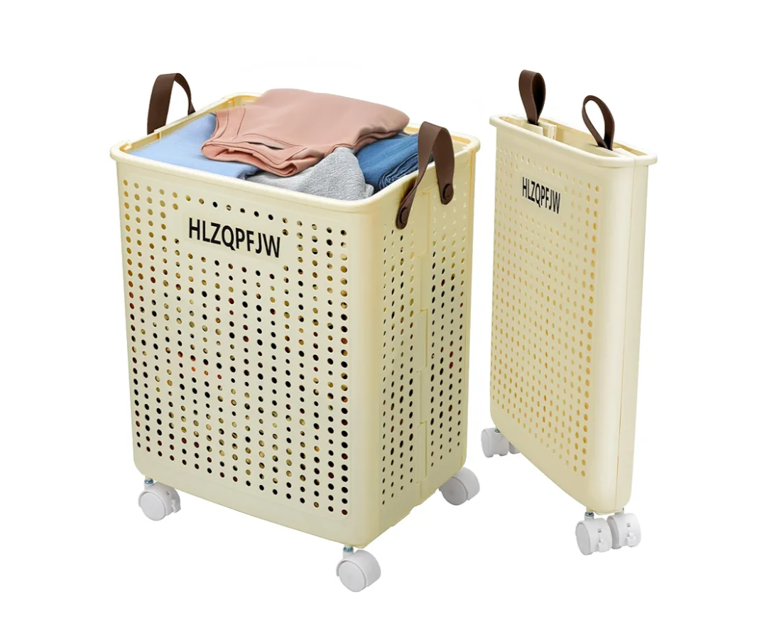 HLZQPFJWcollapsible laundry baskets,laundry basket with wheels,laundry hamper with wheels,dorm laundry hamper,childlaundry basket plastic (Cream yellow, Large)