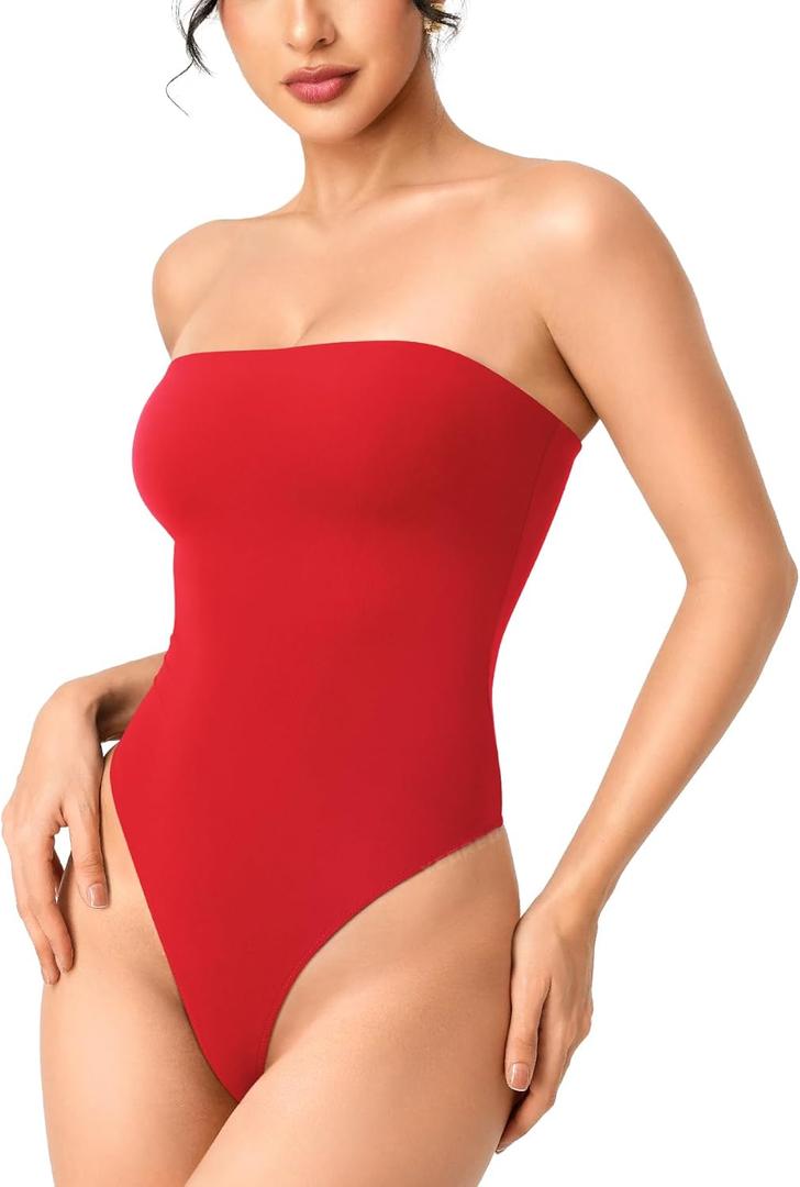 YEOREO Hyperflex Strapless Bodysuit Tube Top Off Shoulder Double Lined Thong Bodycon Slim Fit Summer Sexy Leotard (Small, Red)