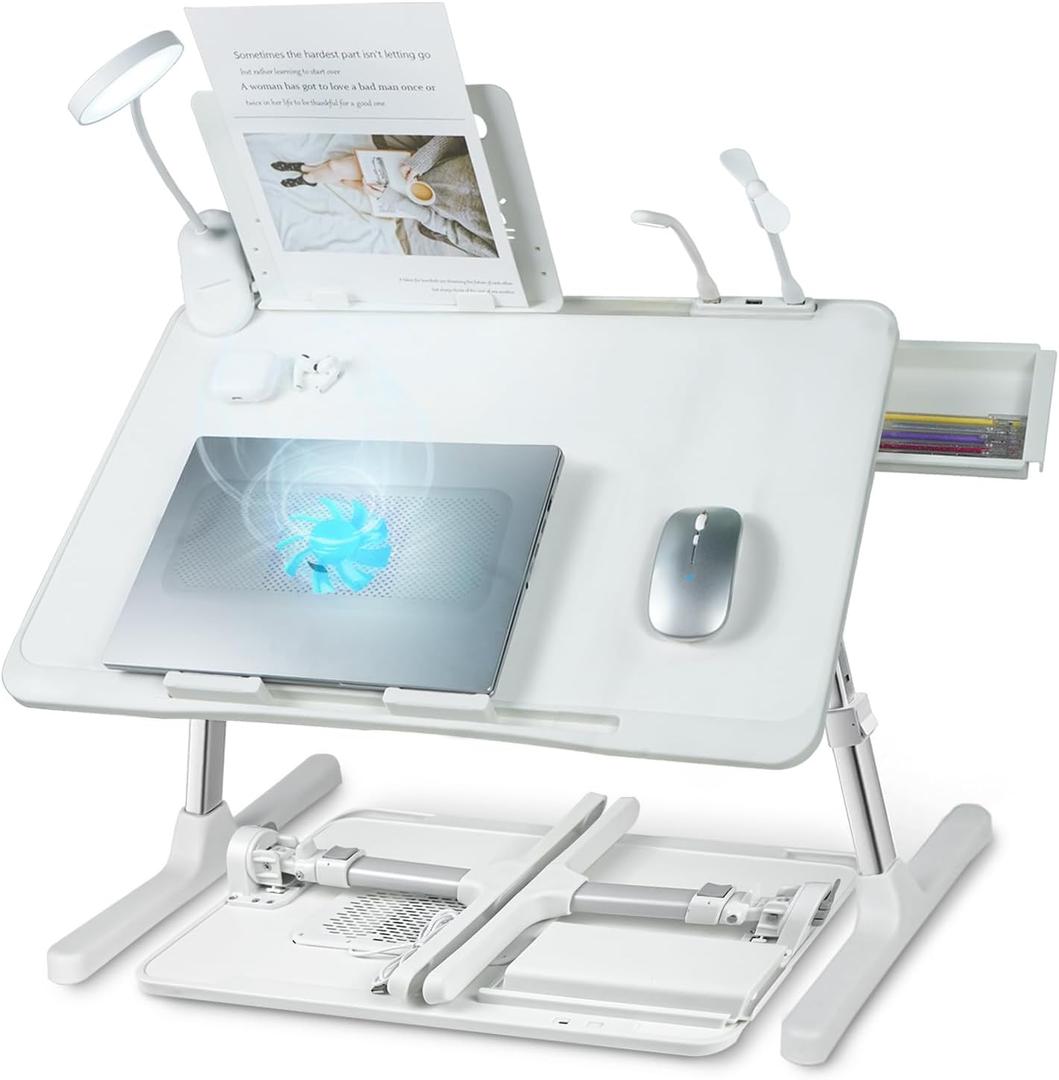 iXTRA Laptop Lap Desk with Cooling Fan - Adjustable with Light, USB, Storage Drawer - Folding Bed Desk,22.04"*12.59",White