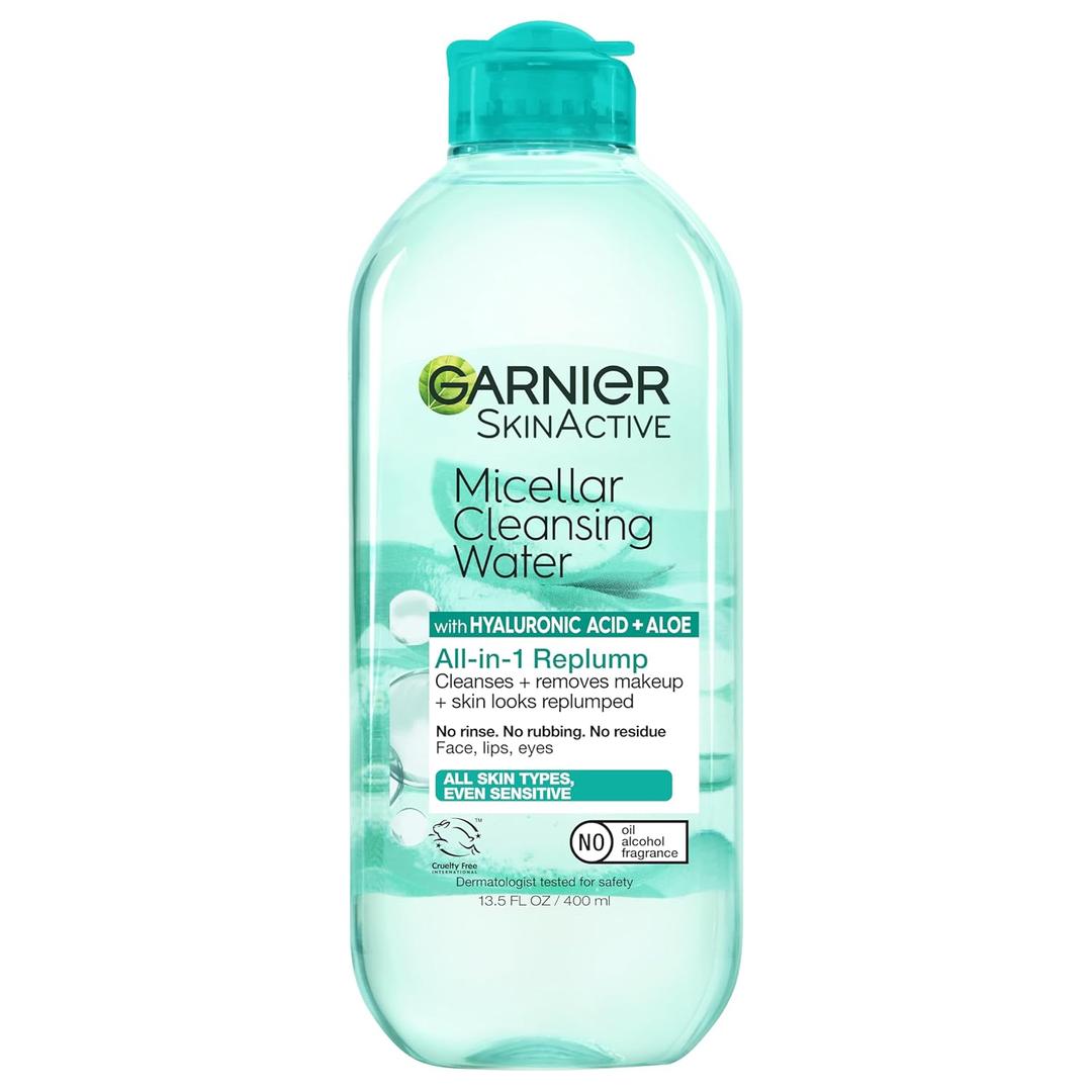 Garnier Micellar Water with Hyaluronic Acid, Facial Cleanser & Makeup Remover, Hydrating and Plumping, For All Skin Types, Vegan, Cruelty Free, 13.5 Fl Oz (400mL), 1 Count