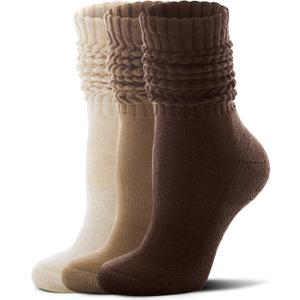 FITRELL Slouch Socks for Women, 3 Pairs Soft Cotton Knee High Scrunch Tube Boot Socks (6-8, Khaki+Light Brown+Dark Brown)
