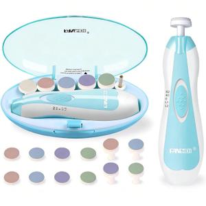 Fansidi Baby Nail Trimmer Electric, Easy & Safe Nail File for Newborn Infant Toddler, Whisper-Quiet Nighttime Use, 4-Stage Age-Matched Grinding Heads, LED Light, 18-Piece Kit, Blue, Baby Shower Gift