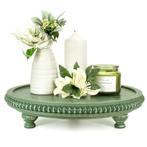 EOSAHR Round Pine Wooden Display Riser - Beaded Wood Riser for Small Plant Stand & Sink Sponge Holder, Perfume Display Stand - Rustic Kitchen Counter Organizer, Boho Chic Room Decor (Green)