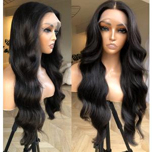 BlackSwern Black Glueless Lace Front Wig Pre Plucked, Synthetic Lace Front Wig Human Hair Feeling Wig for Black Women, Ready to Wear Wigs Pre-cut Pre-plucked, 1 Jet Black, 24