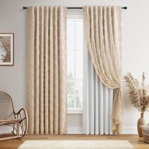 Guken Beige Boho 100% Blackout Double Layer Short Curtains 54 Inches Long for Kitchen 2 Panels with Sheer Overlay Farmhouse Two Layer Back Tab Thermal Insulated Drapes for Small Window Bedroom 52x54