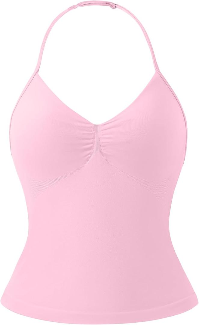 Womens Halter Tank Tops Longline Strappy Top with Built-in Bra V Neck Backless Gym Workout Camis with Adjustable Strap (Pink)