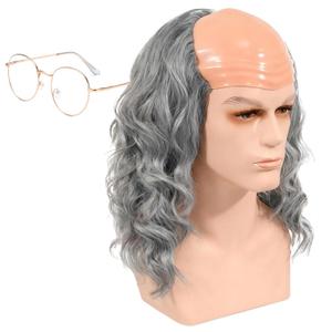 California Colonial Man Bald Wig and Glasses Short Grey Curly Founding Fathers Wig 18th Century Traditional America Cosplay Costume Wigs
