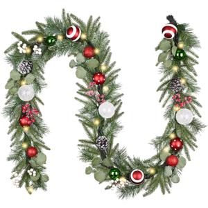 Valery Madelyn 9 Ft Pre-Lit Christmas Garland with Lights for Mantle, Lighted Outdoor Xmas Garland with Red Green White Balls Norfolk Pine for Stairs Fireplace Table Centerpiece Indoor Holiday Decor