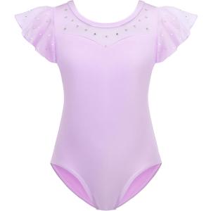 Zaclotre Girls Ruffle Sleeve Ballet Leotards Toddler Mesh Dance Leotard Sparkly Gymnastics Outfits (3-4T, Lilac)